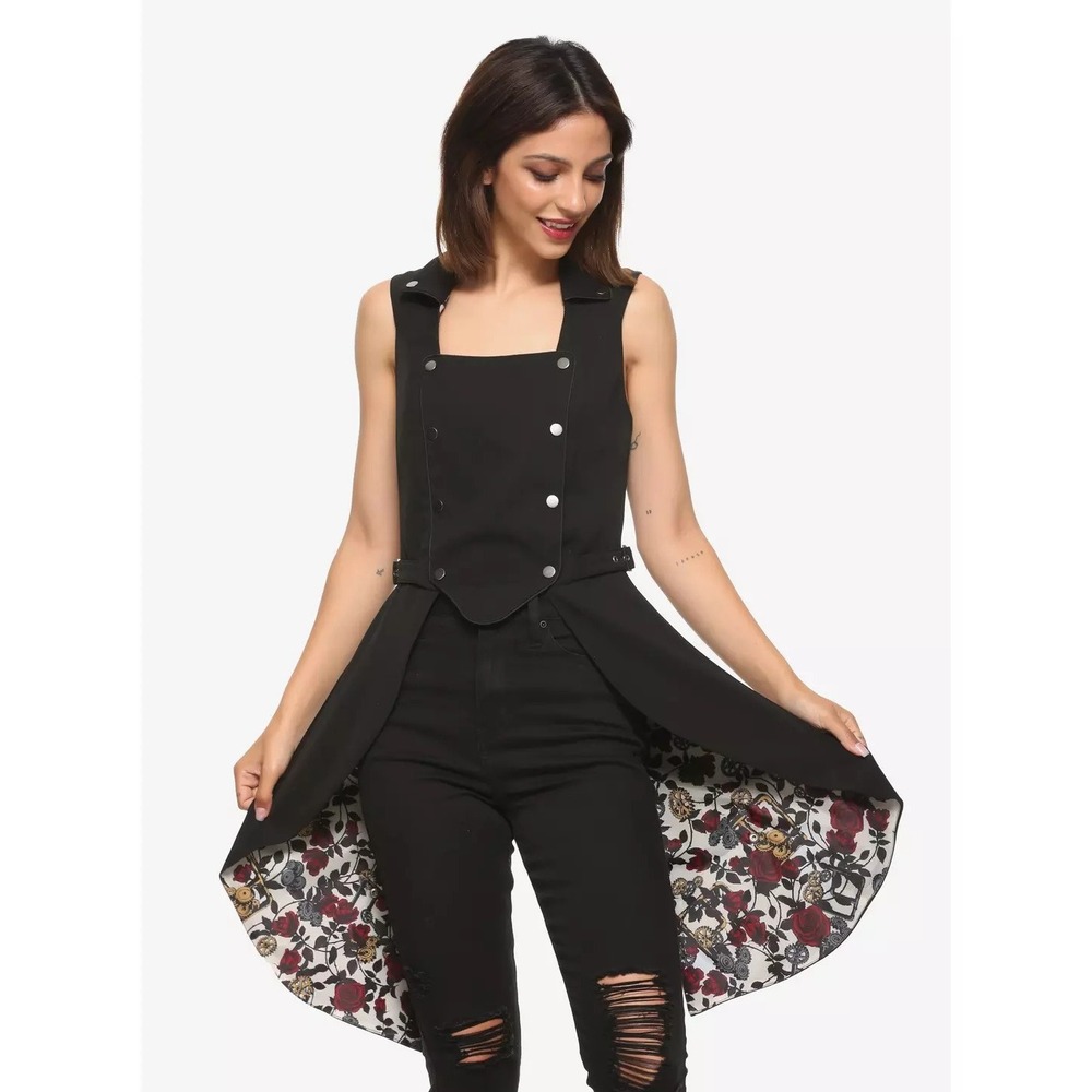 NWT Hot Topic Thorn & Fable Black Snap-Front Split-Back Floral Tailcoat Vest L